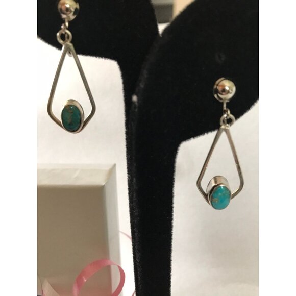 Vtg 1970's Dangle Drop With Bezel Turquoise Earrings Sterling Silver Non Pierce - Picture 3 of 9